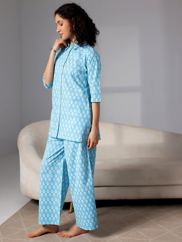 Blue Printed Cotton Night Suits