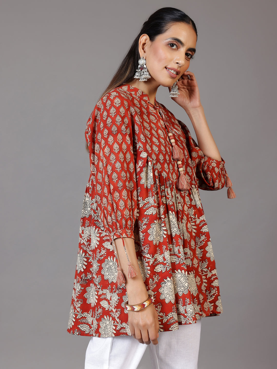 Rust Printed Cotton A-Line Kurti