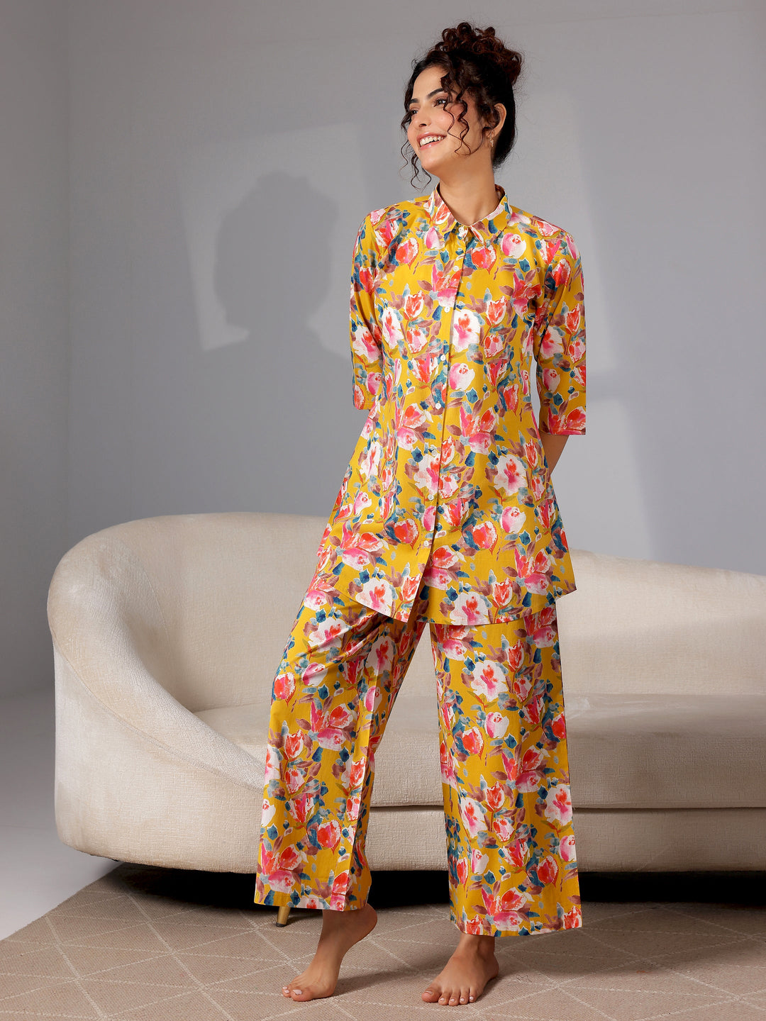 Mustard Printed Cotton Night Suits