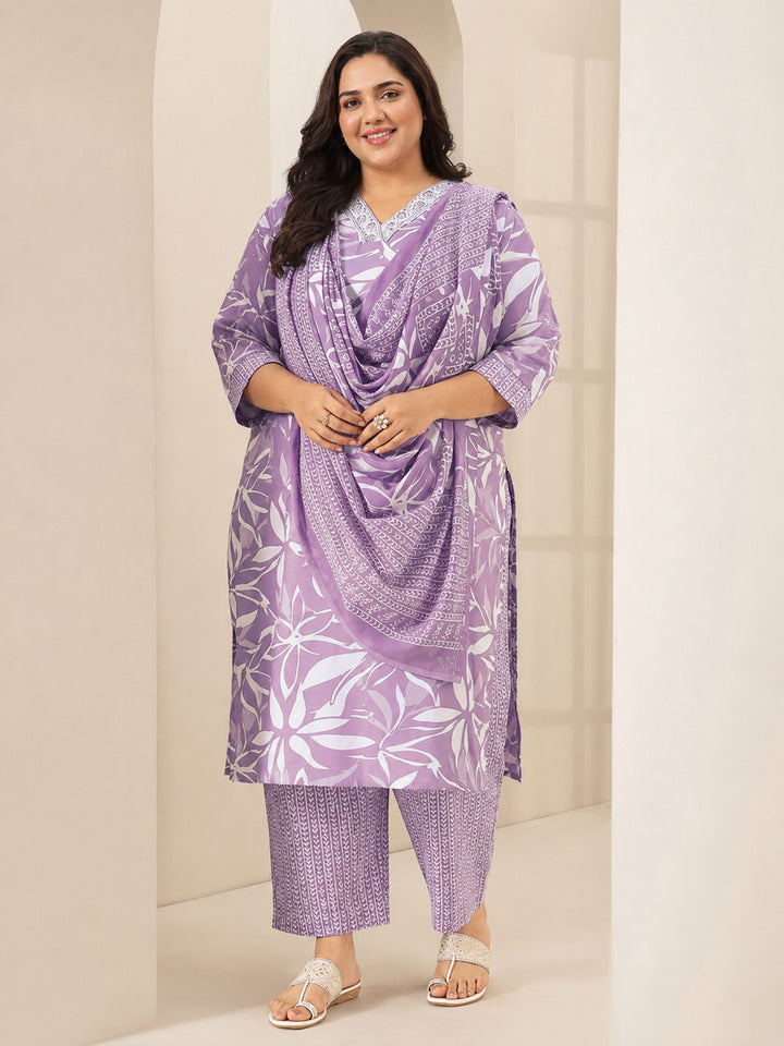 Plus Size Mauve Floral Printed Cotton Blend Straight Suit Set