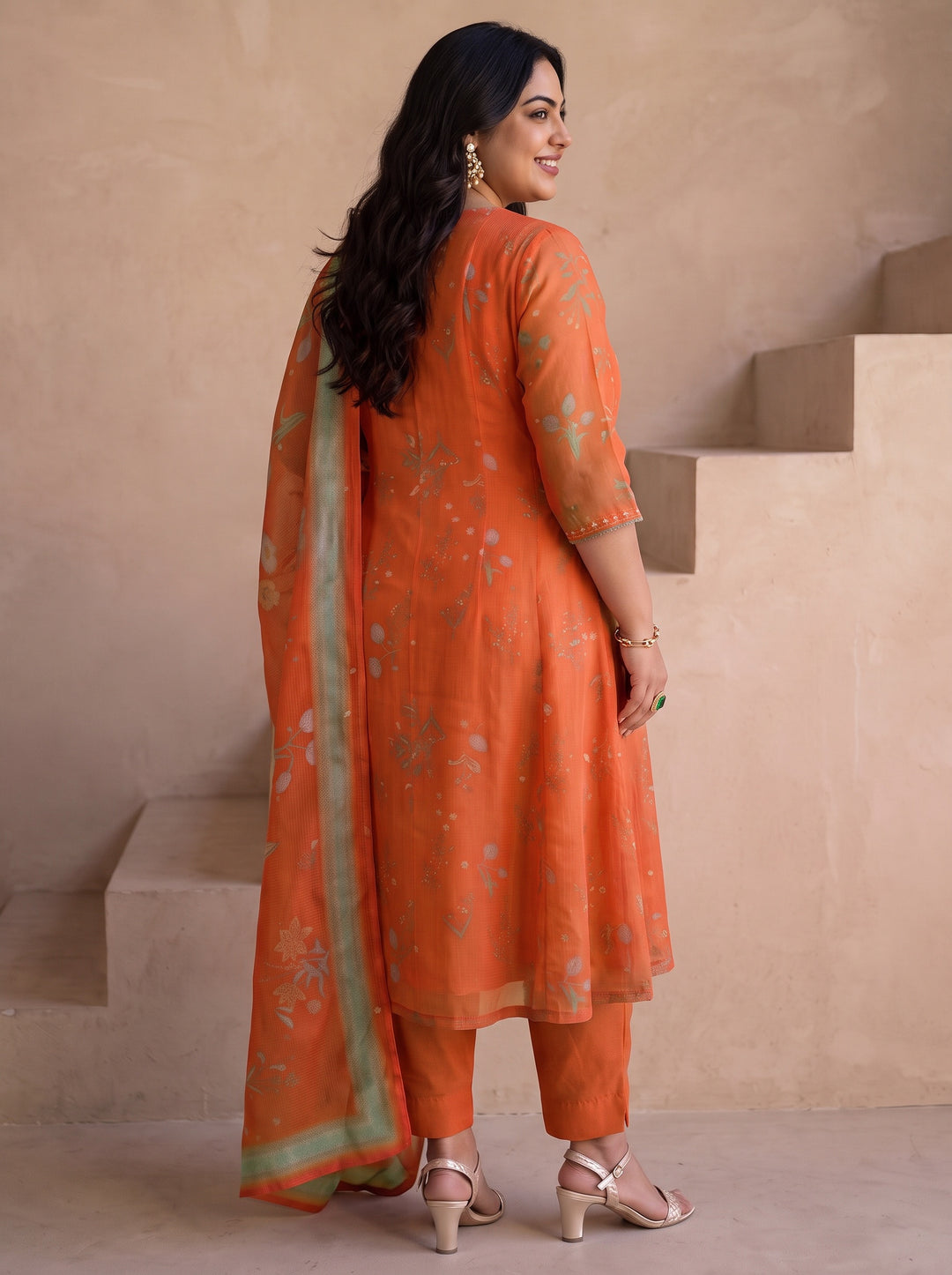 Plus Size Orange Floral Printed Chiffon A-Line Suit Set