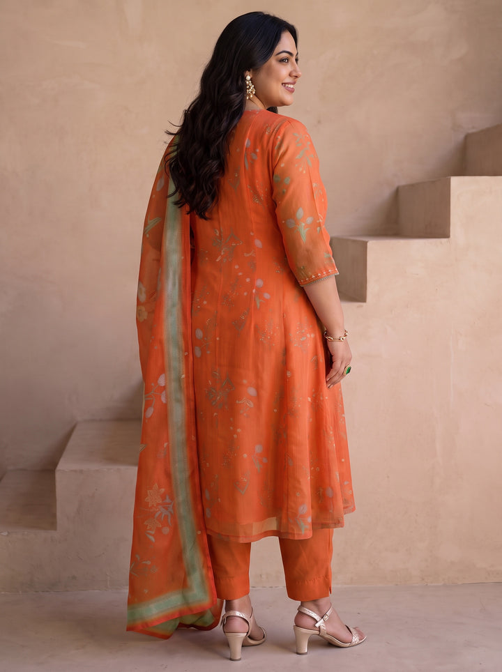 Plus Size Orange Floral Printed Chiffon A-Line Suit Set