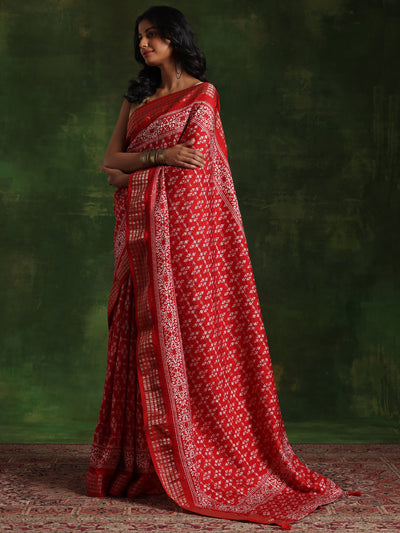 Red Printed Silk Blend Saree With Unstitched Blouse Piece