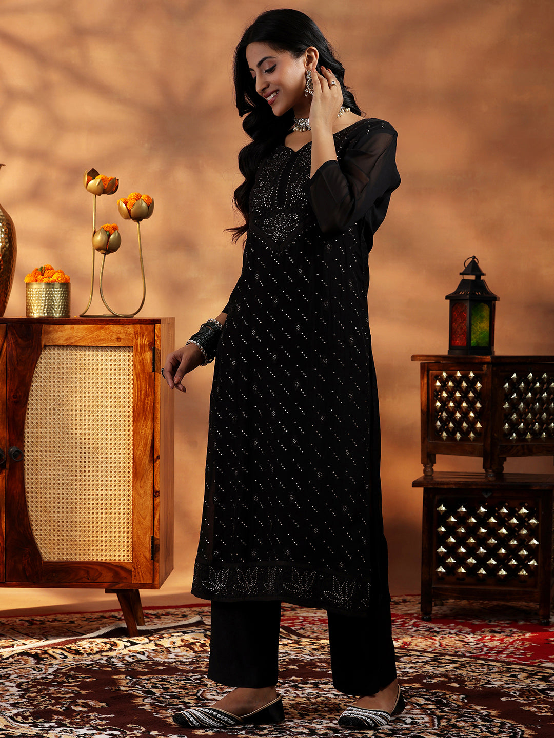 Black Embroidered Organza Straight Suit With Dupatta