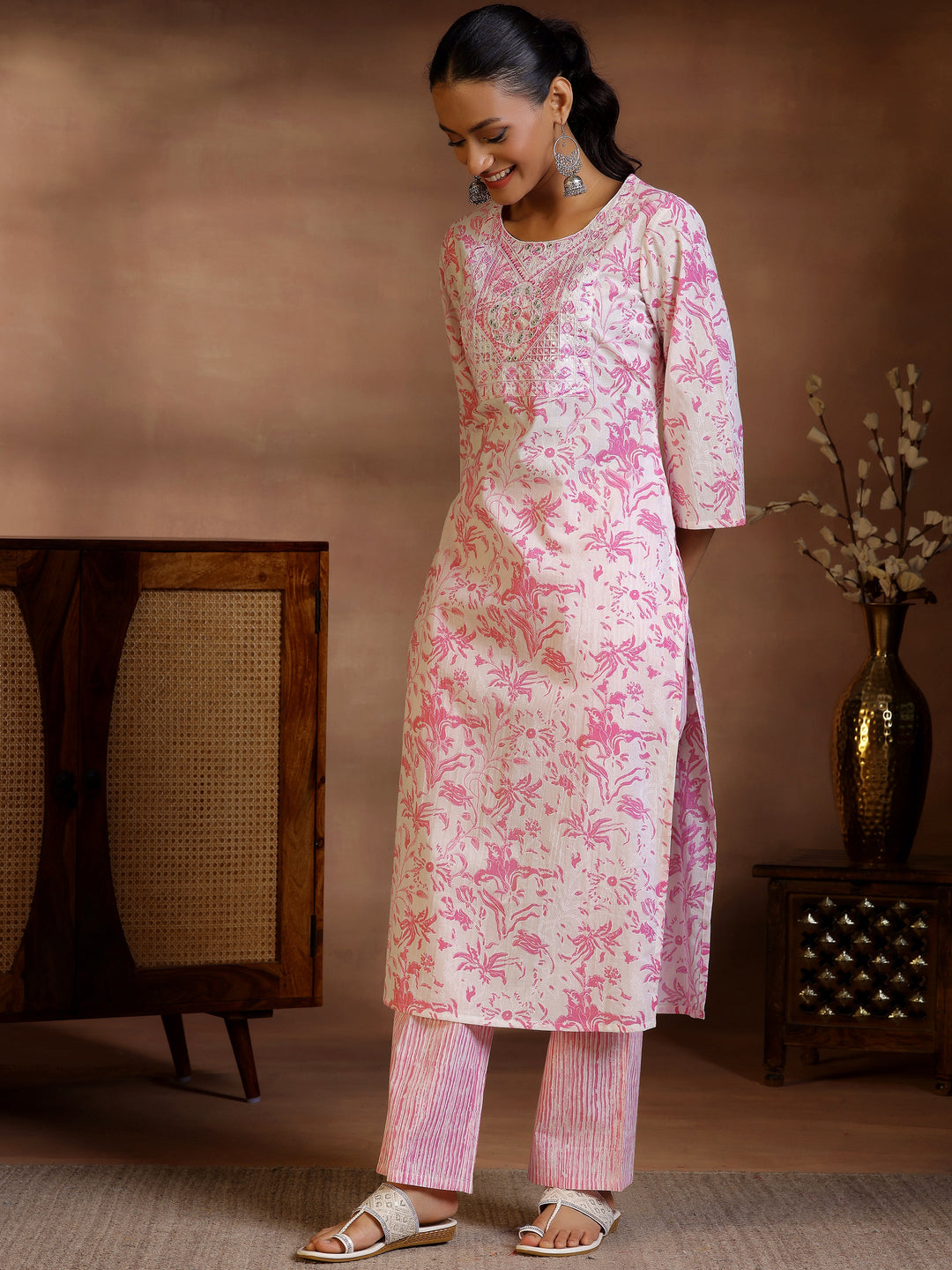 White Printed Cotton Straight Kurta Set
