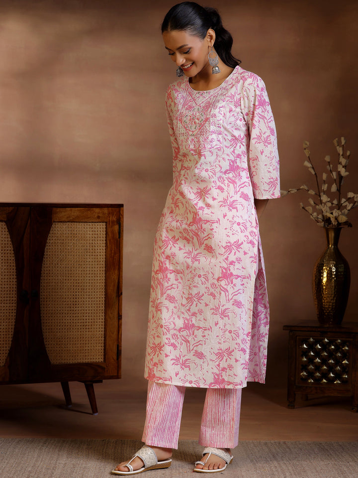 White Printed Cotton Straight Kurta Set