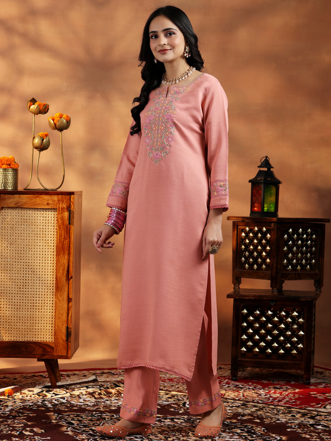 Peach Yoke Design Silk Blend Straight Suit With Dupatta