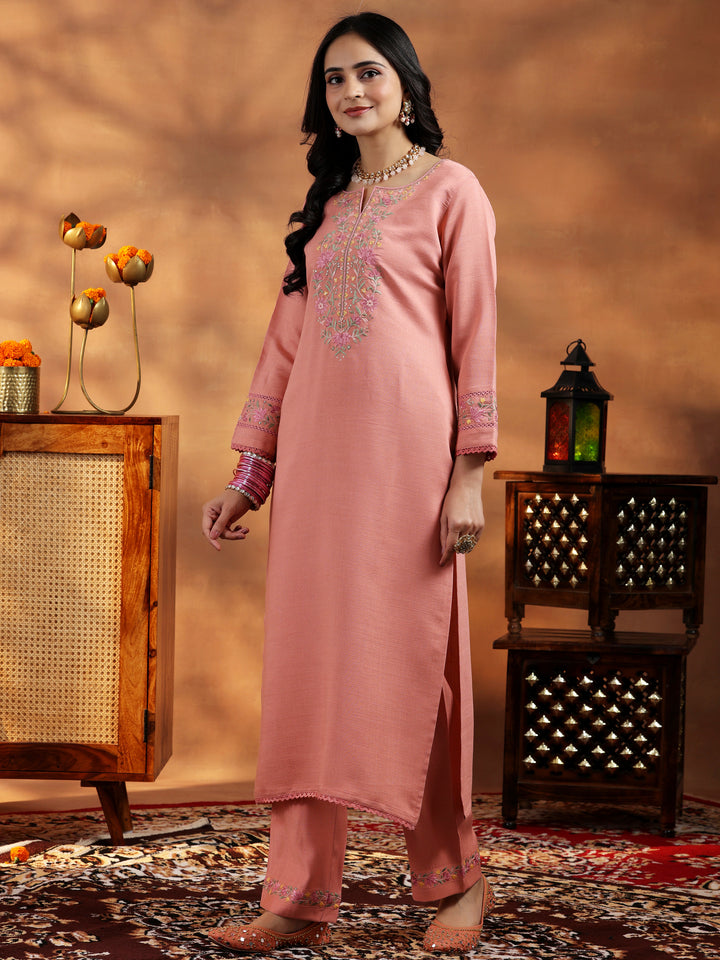 Peach Yoke Design Silk Blend Straight Suit With Dupatta