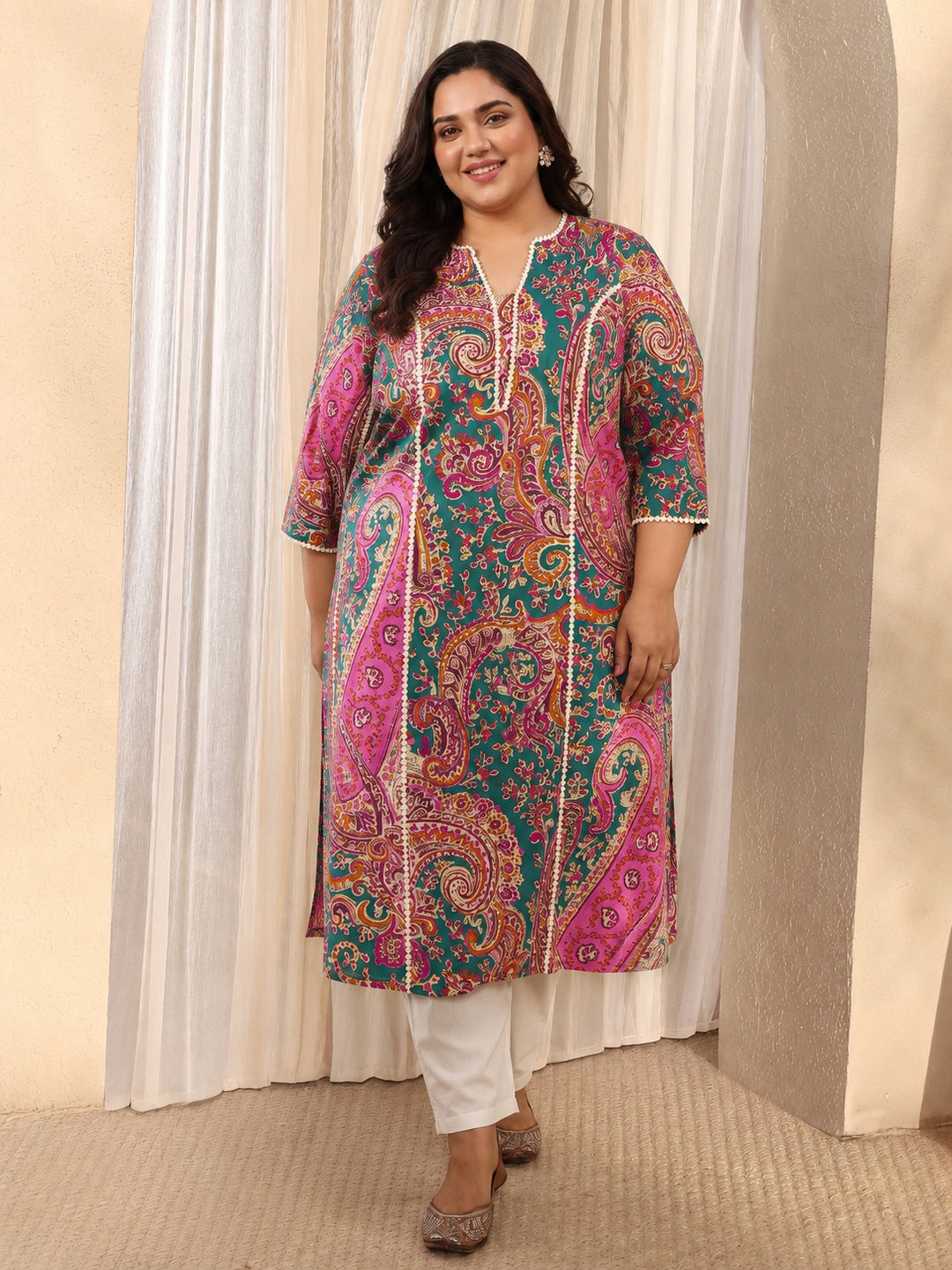 Plus Size Green Paisley Printed Cotton Straight Kurta