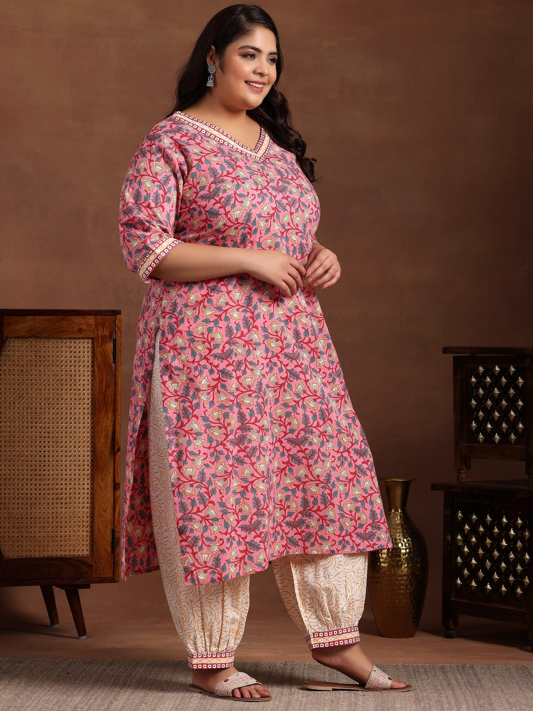 Plus Size Blue Printed Cotton Straight Suit With Dupatta