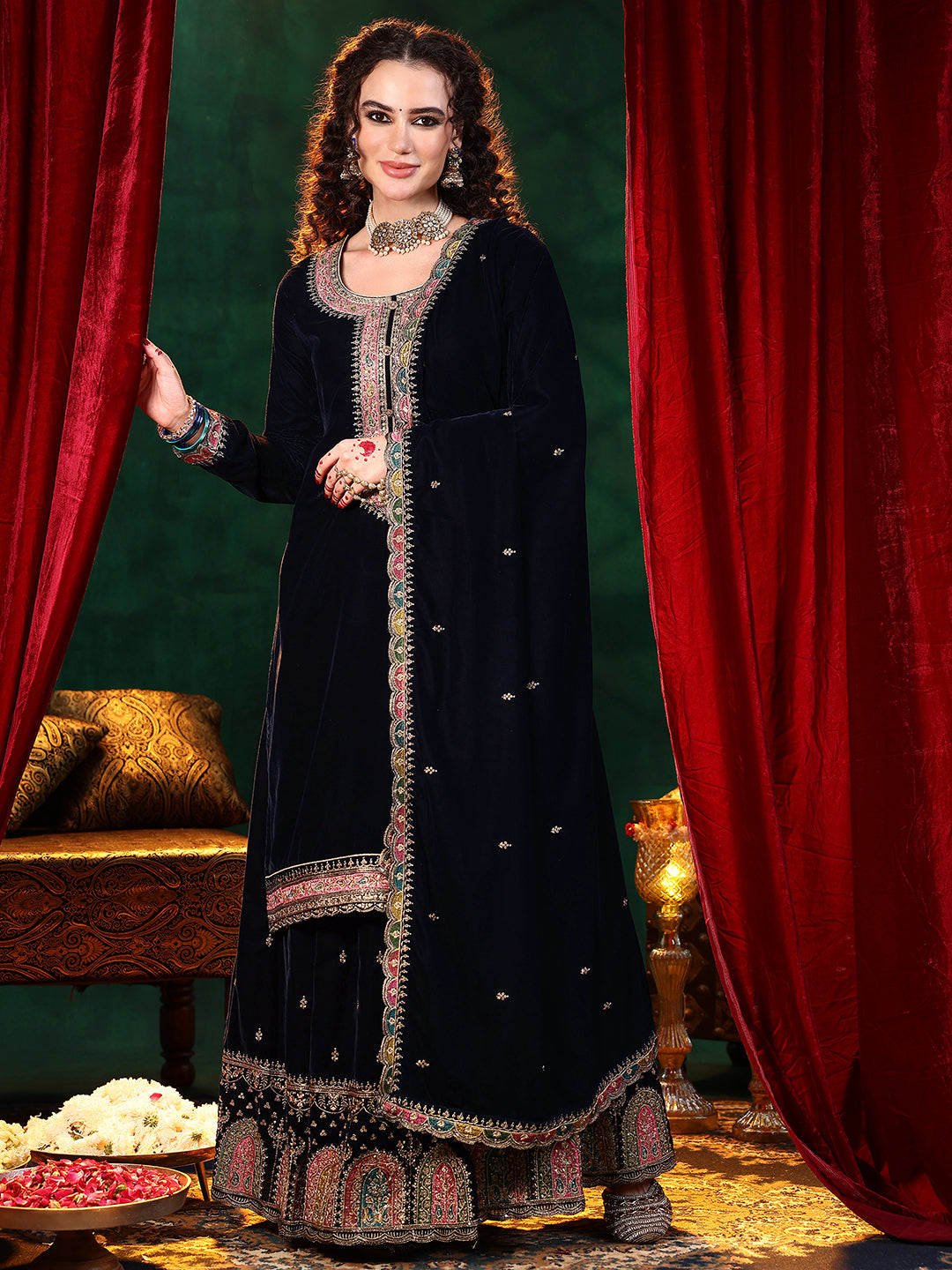 Blue Embroidered Velvet Straight Suit With Dupatta