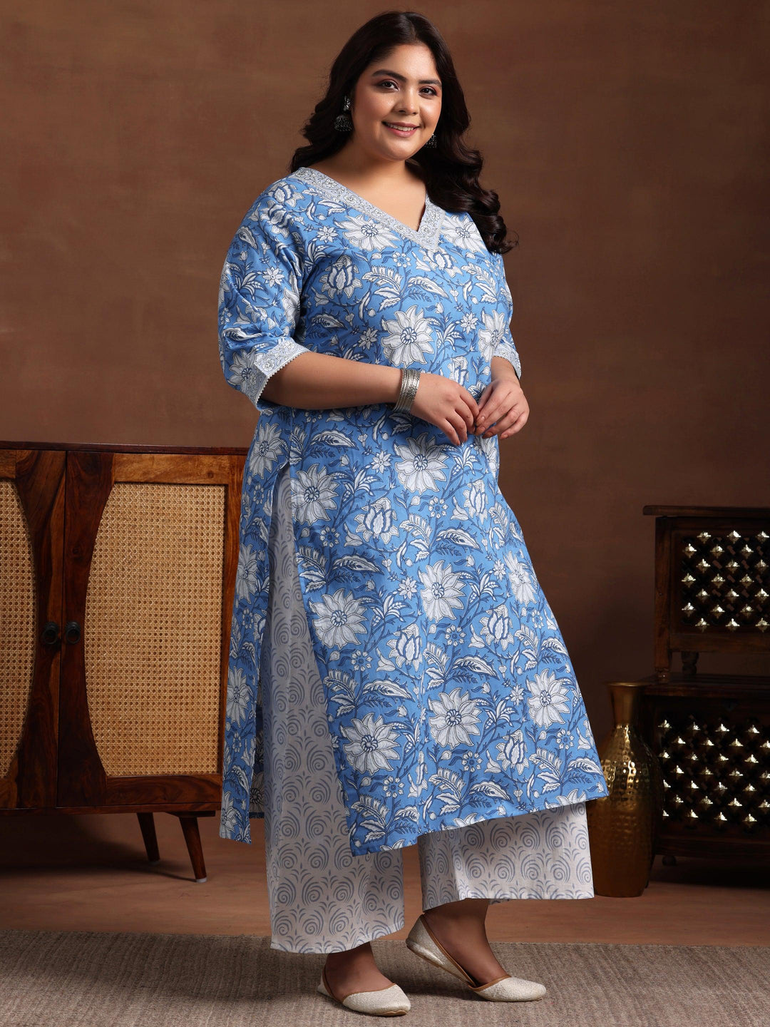 Plus Size Blue Printed Cotton Straight Suit With Dupatta