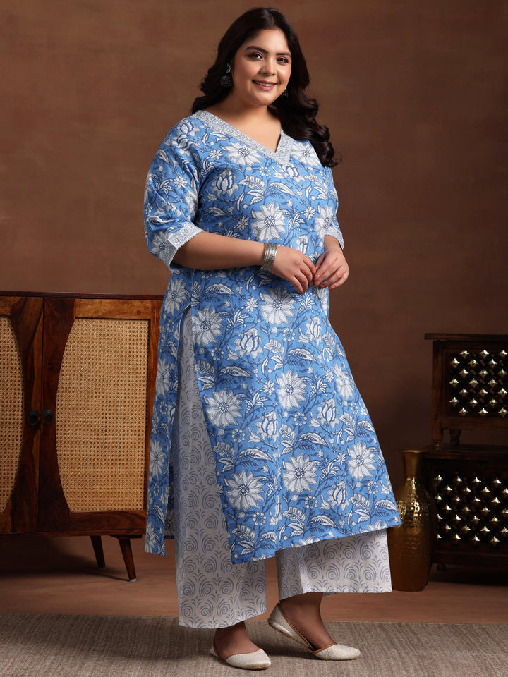 Plus Size Blue Printed Cotton Straight Suit With Dupatta