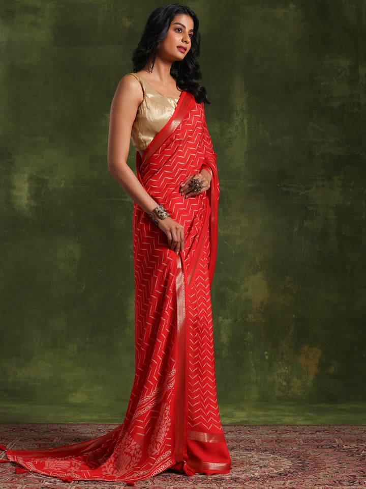 Red Printed Silk Blend Saree With Unstitched Blouse Piece - Libas