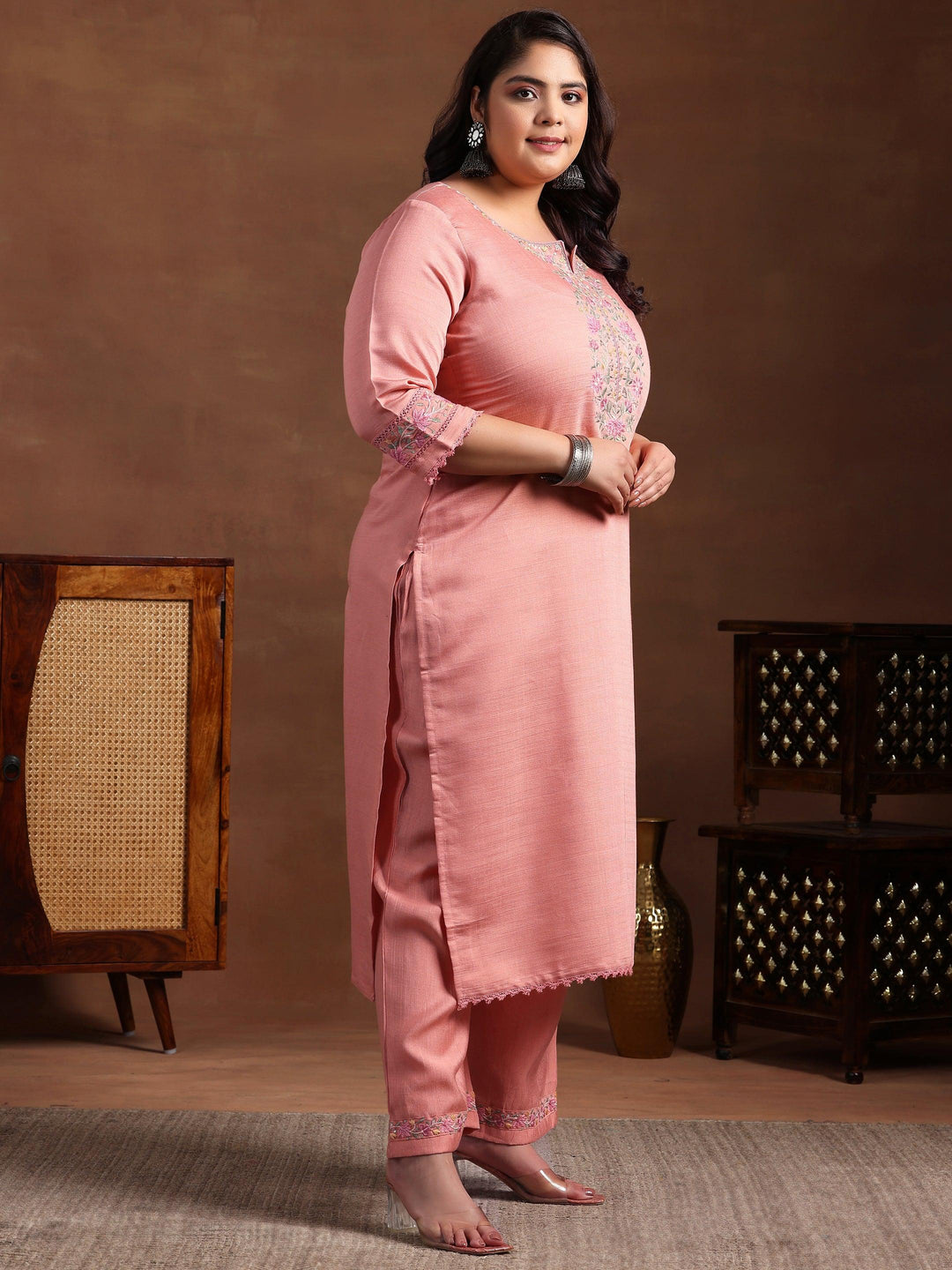 Plus Size Peach Yoke Design Silk Blend Straight Suit With Dupatta