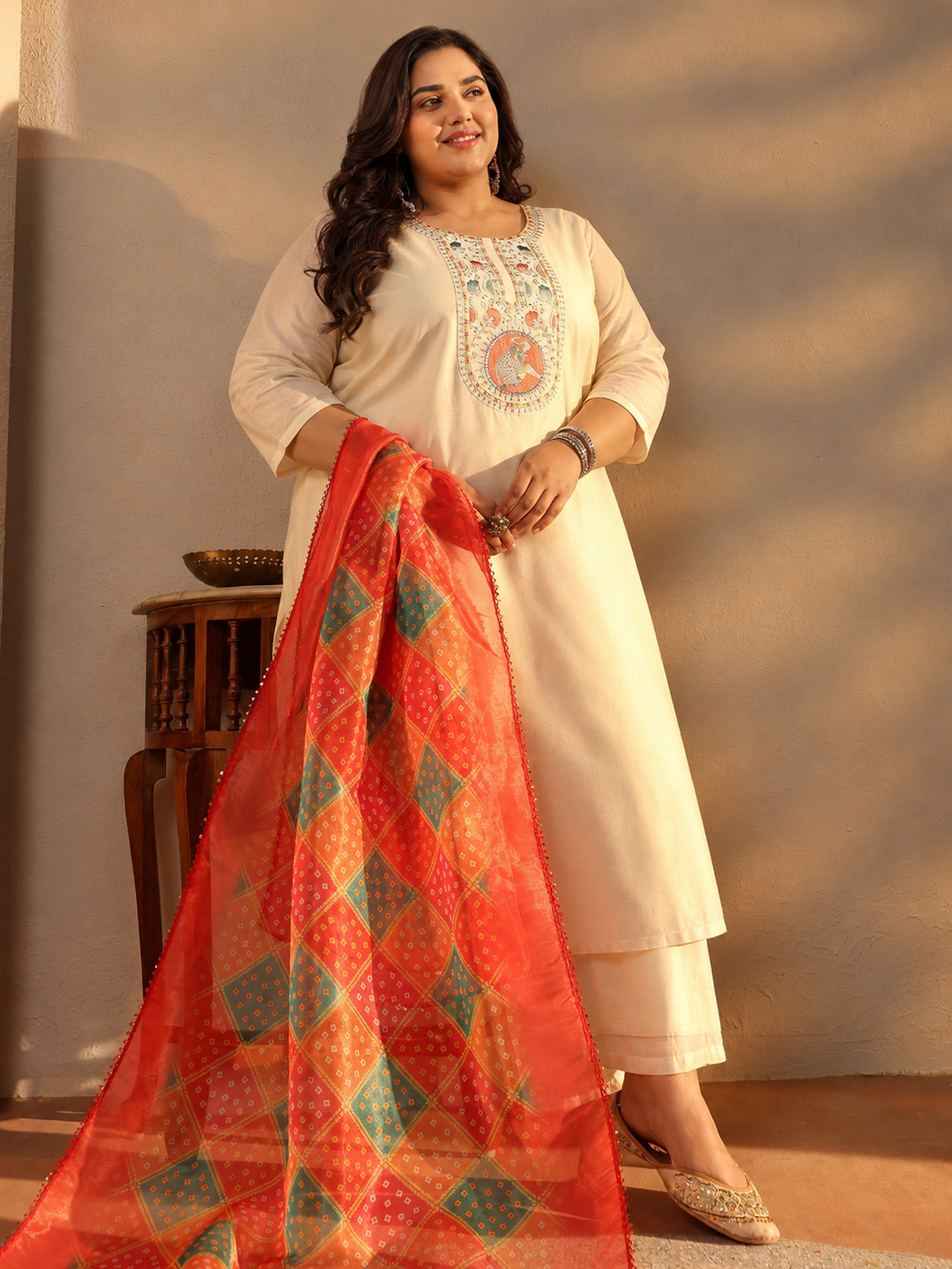 Plus Size Off White Ethnic Motif Printed Chanderi Silk Straight Suit Set