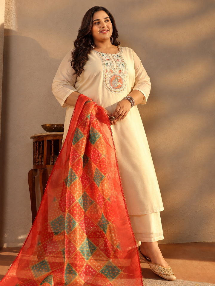 Plus Size Off White Ethnic Motif Printed Chanderi Silk Straight Suit Set