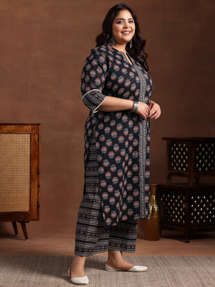 Plus Size Black Printed Cotton Straight Suit With Dupatta