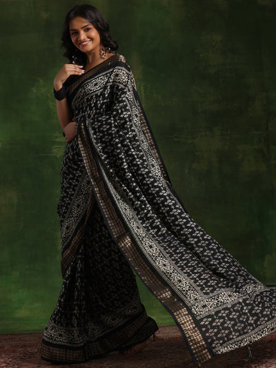 Black Printed Silk Blend Saree With Unstitched Blouse Piece