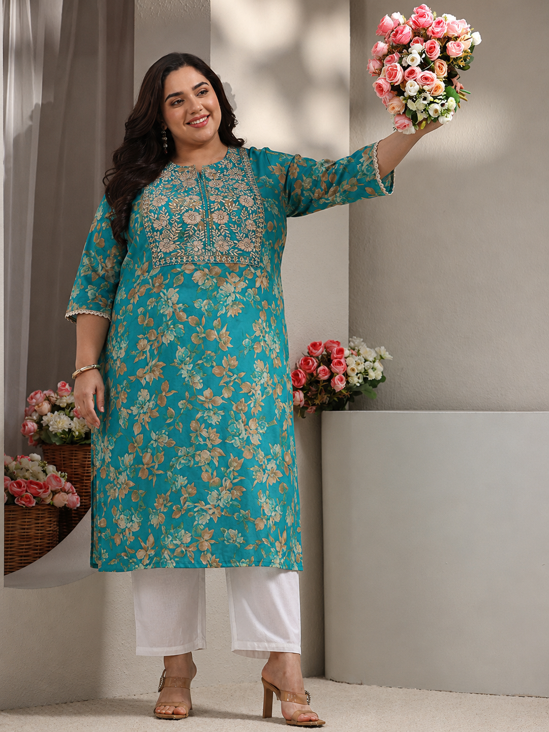 Plus Size Blue Floral Printed Silk Blend Straight Kurta