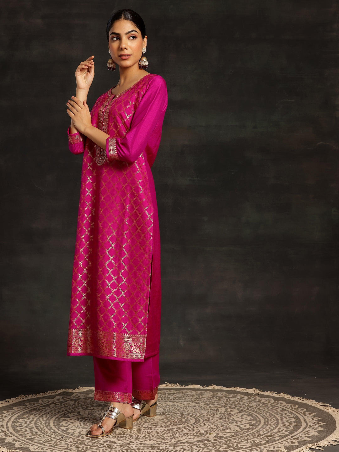 Pink Woven Design Silk Blend Straight Kurta With Trousers & Dupatta - ShopLibas