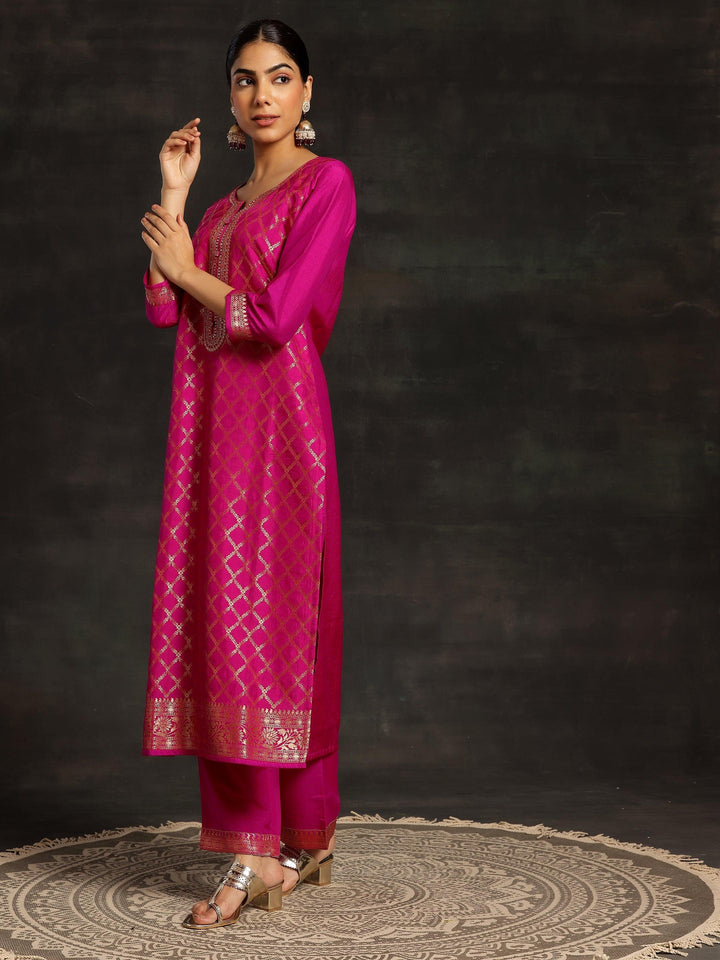 Pink Woven Design Silk Blend Straight Kurta With Trousers & Dupatta - ShopLibas
