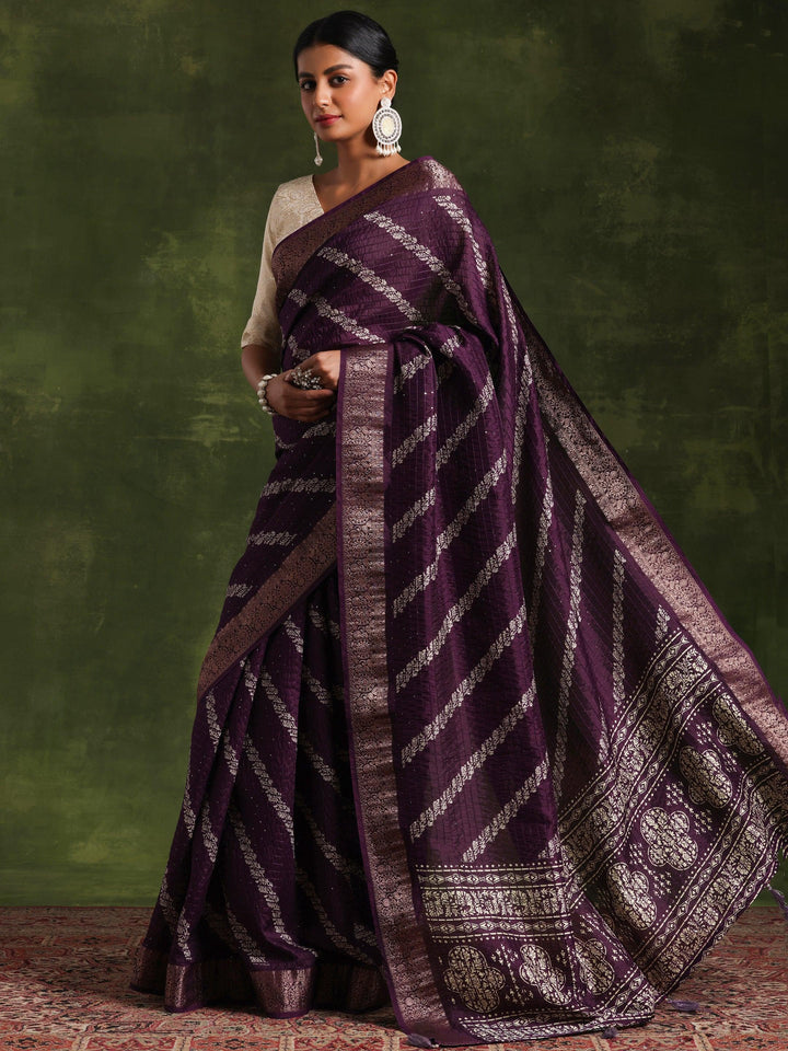 Purple Printed Silk Blend Saree With Unstitched Blouse Piece - Libas