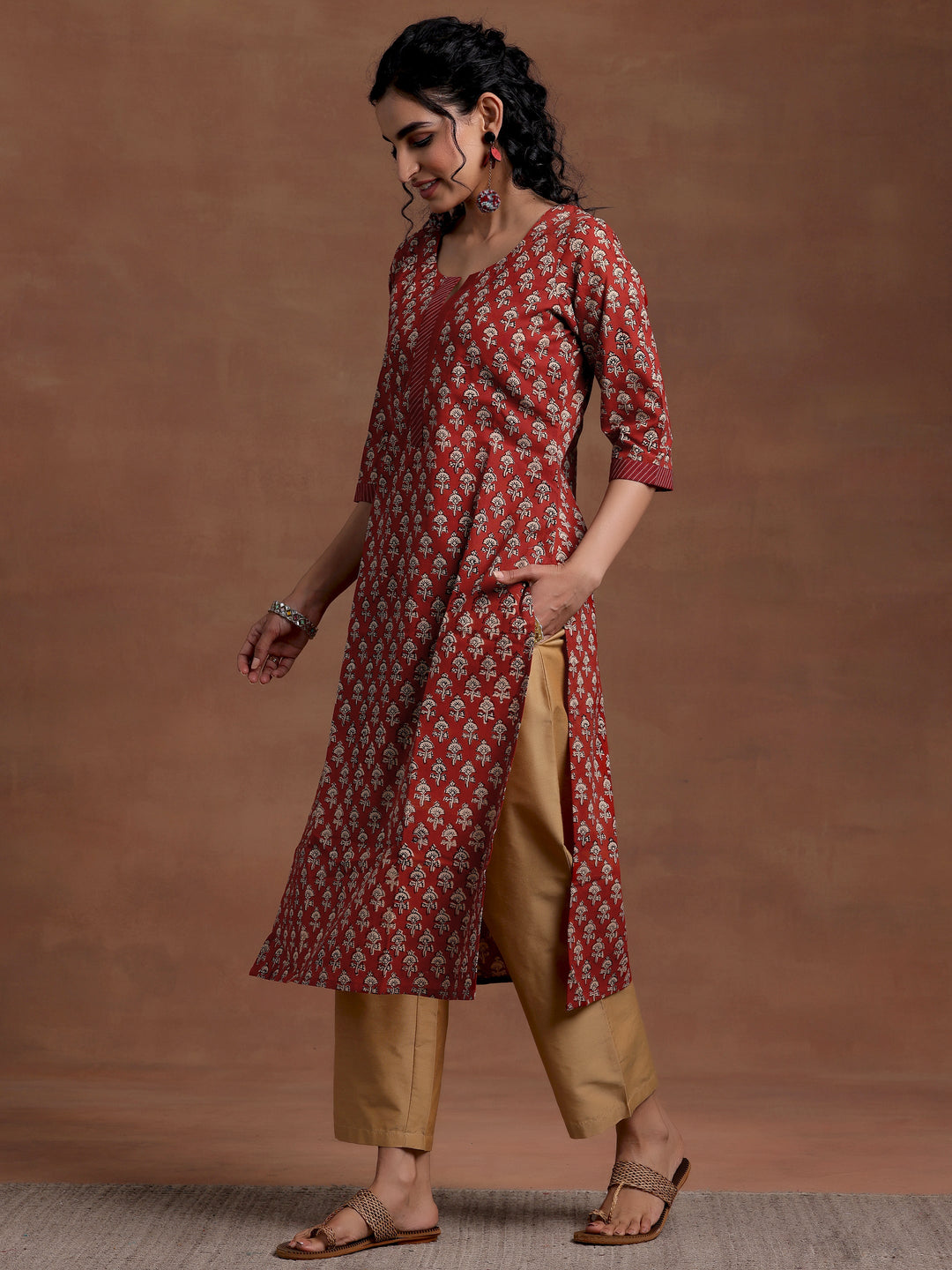 Maroon Printed Cotton Straight Kurta