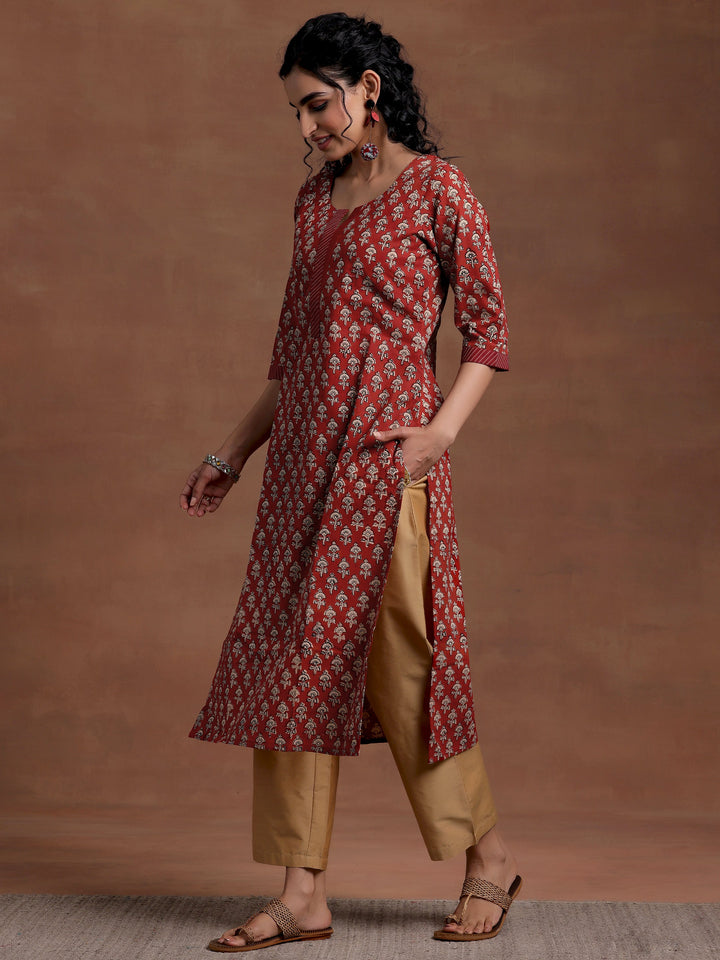 Maroon Printed Cotton Straight Kurta