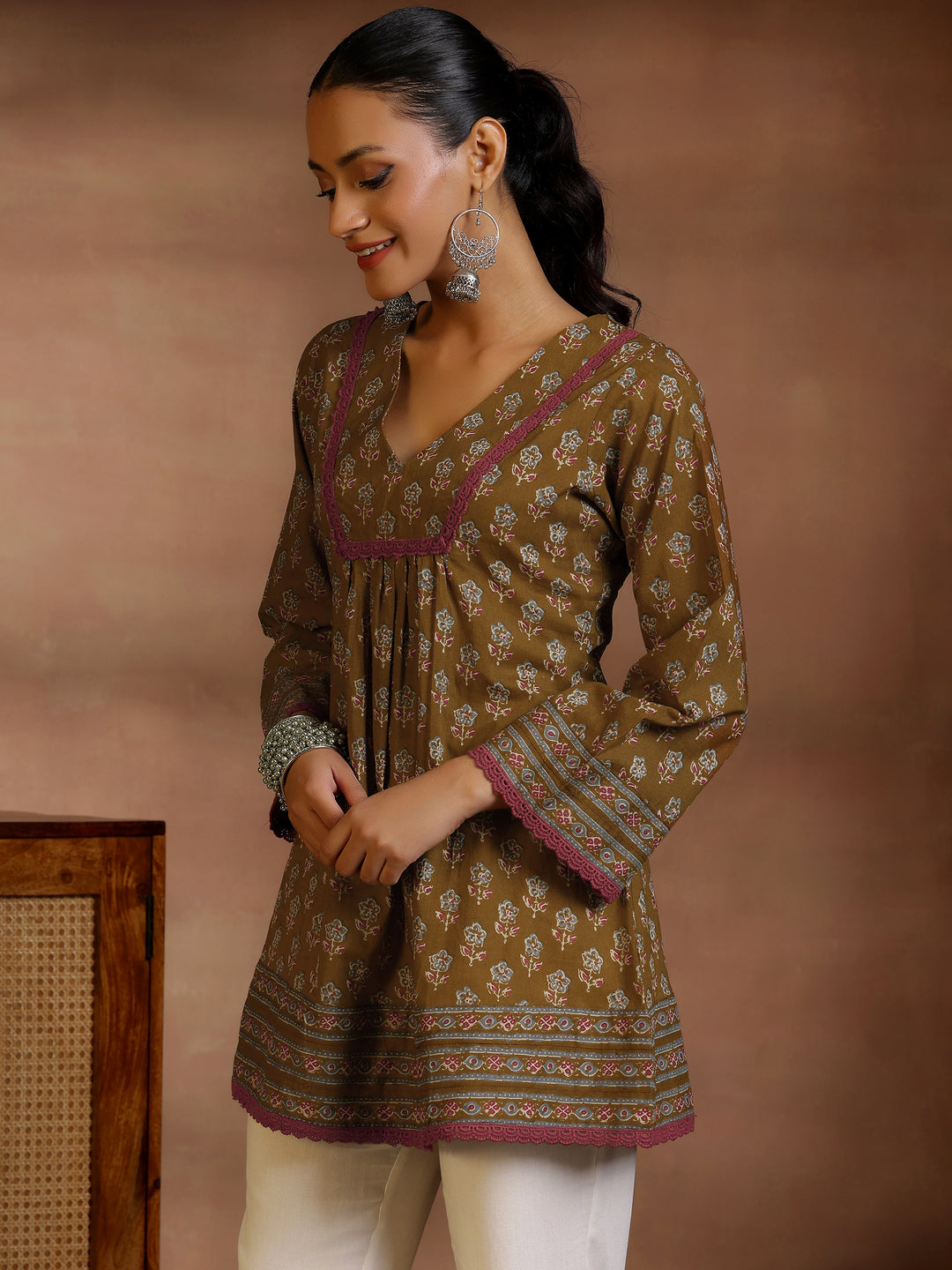 Libas Olive Printed Cotton A-Line Kurti
