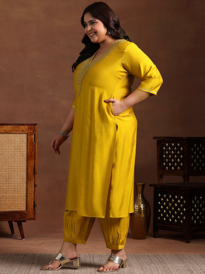 Plus Size Yellow Yoke Design Silk Blend Straight Kurta Set