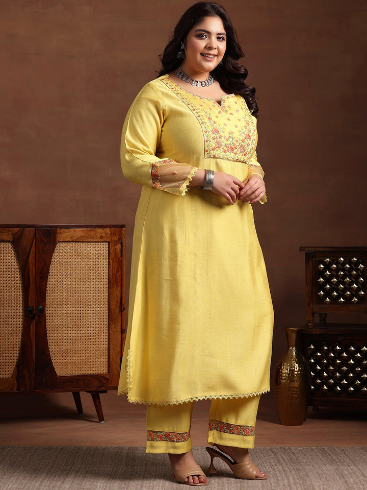 Plus Size Yellow Yoke Design Silk Blend Straight Suit With Dupatta