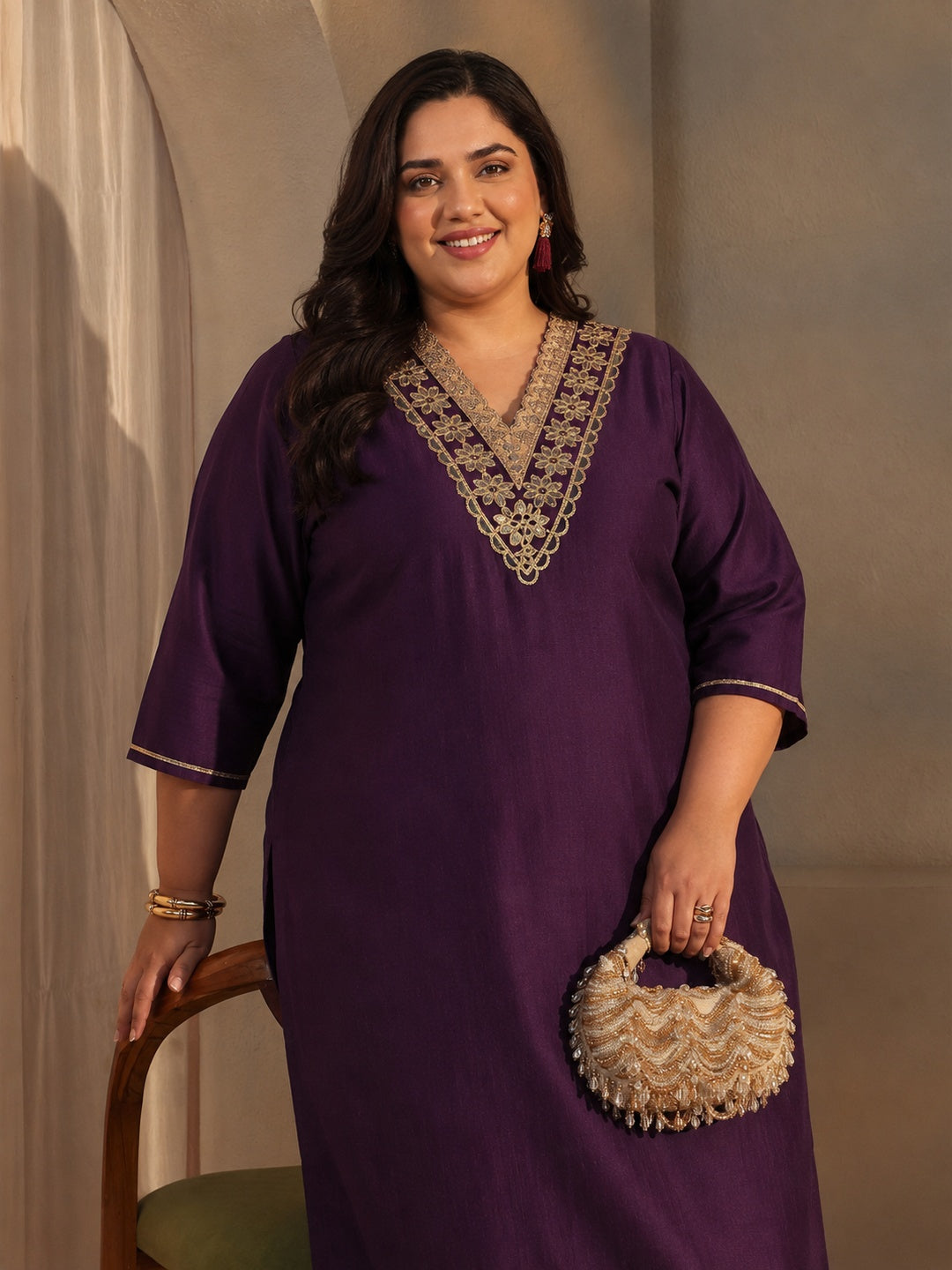 Plus Size Burgundy Yoke Design Silk Blend Straight Suit Set