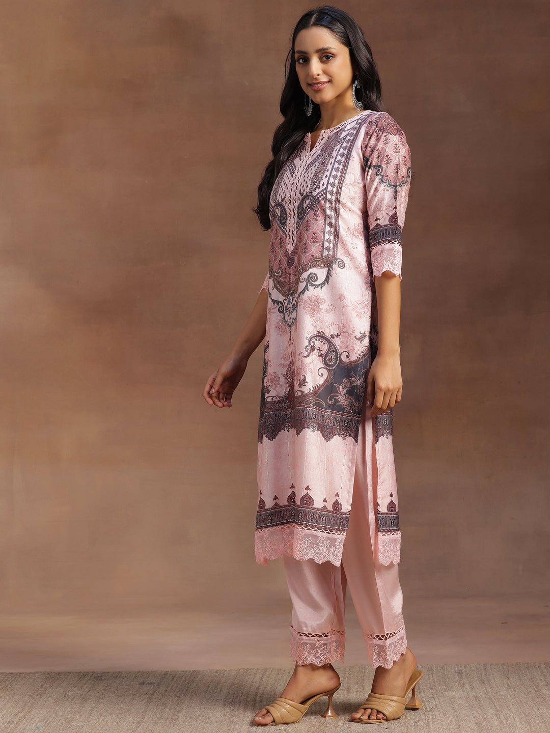 Pink Printed Silk Blend Straight Suit With Dupatta