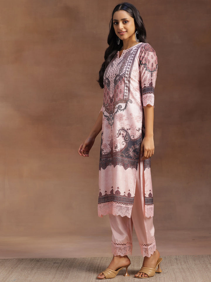 Pink Printed Silk Blend Straight Suit With Dupatta