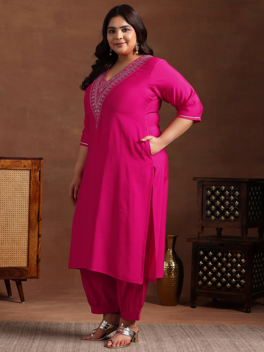 Plus Size Pink Yoke Design Silk Blend Straight Kurta Set
