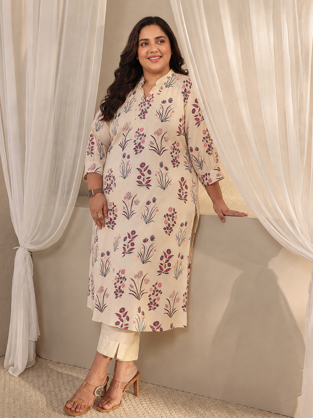 Plus Size Off White Floral Printed Cotton A-Line Kurta