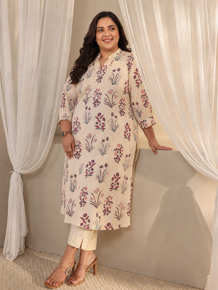 Plus Size Off White Floral Printed Cotton A-Line Kurta