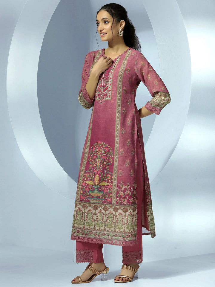 Mauve Printed Cotton Blend Straight Suit With Dupatta