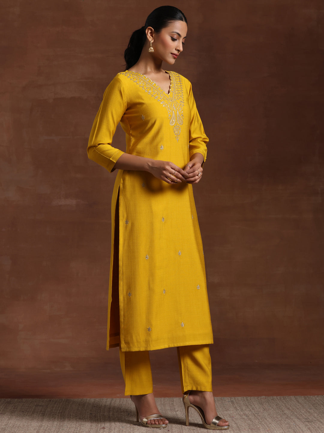 Mustard Embroidered Silk Blend  Straight Suit Set With Dupatta