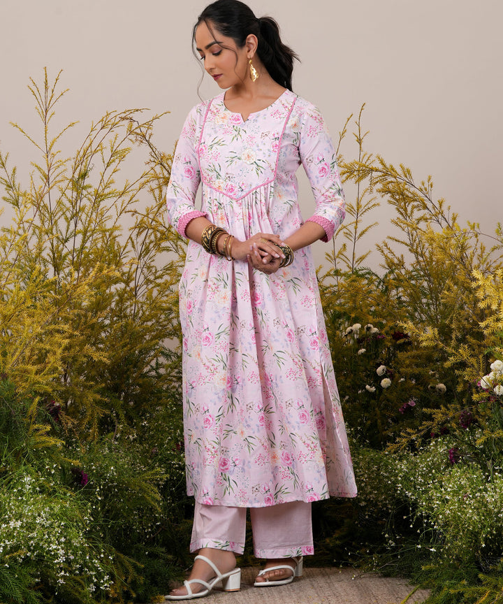 Pink Printed Cotton Blend A-Line Kurta With Palazzos & Dupatta