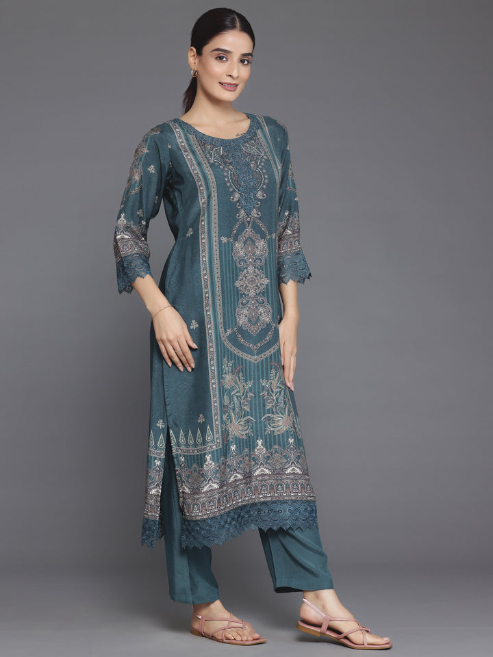 Green Printed Silk Blend Straight Suit Set With Dupatta