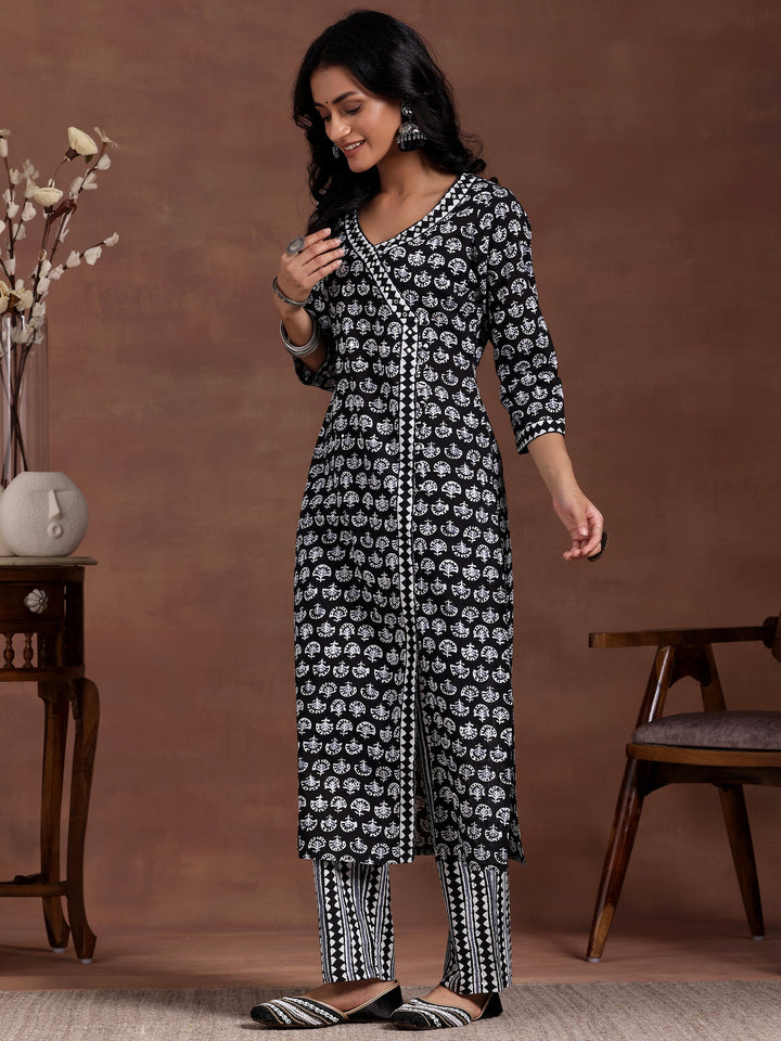 Black Printed Cotton Straight Suit With Dupatta
