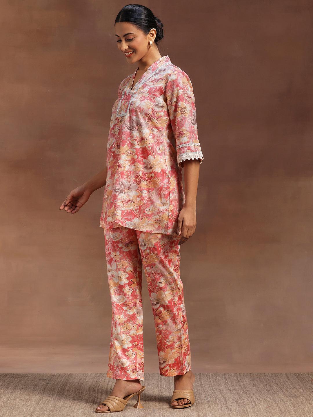 Peach Printed Cotton Blend Co-Ords