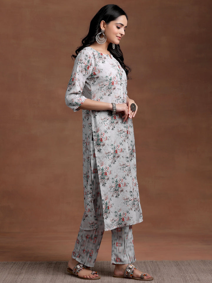 Grey Printed Cotton Straight Suit With Dupatta