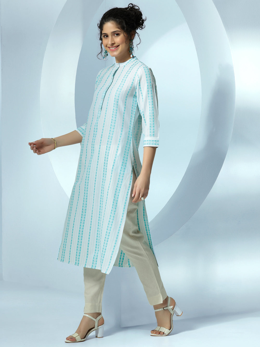 White Woven Design Cotton Straight Kurta