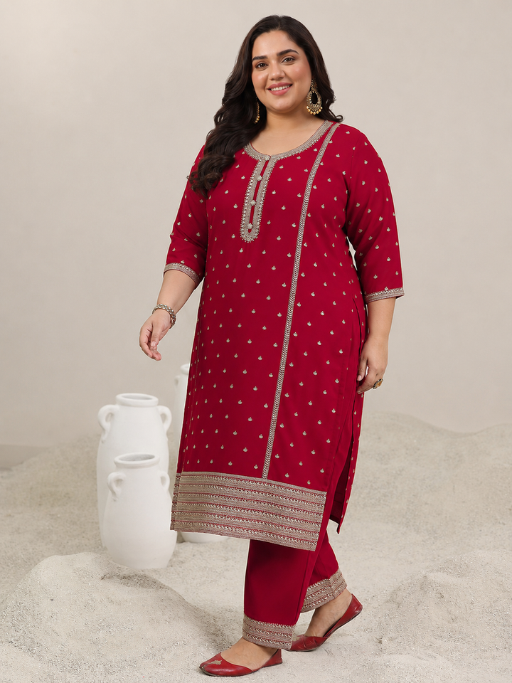 Plus Size Red Embroidered Georgette Straight Suit Set