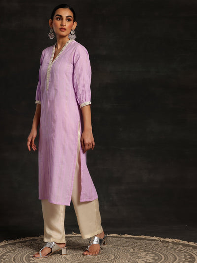 Purple Woven Design Cotton Straight Kurta - ShopLibas