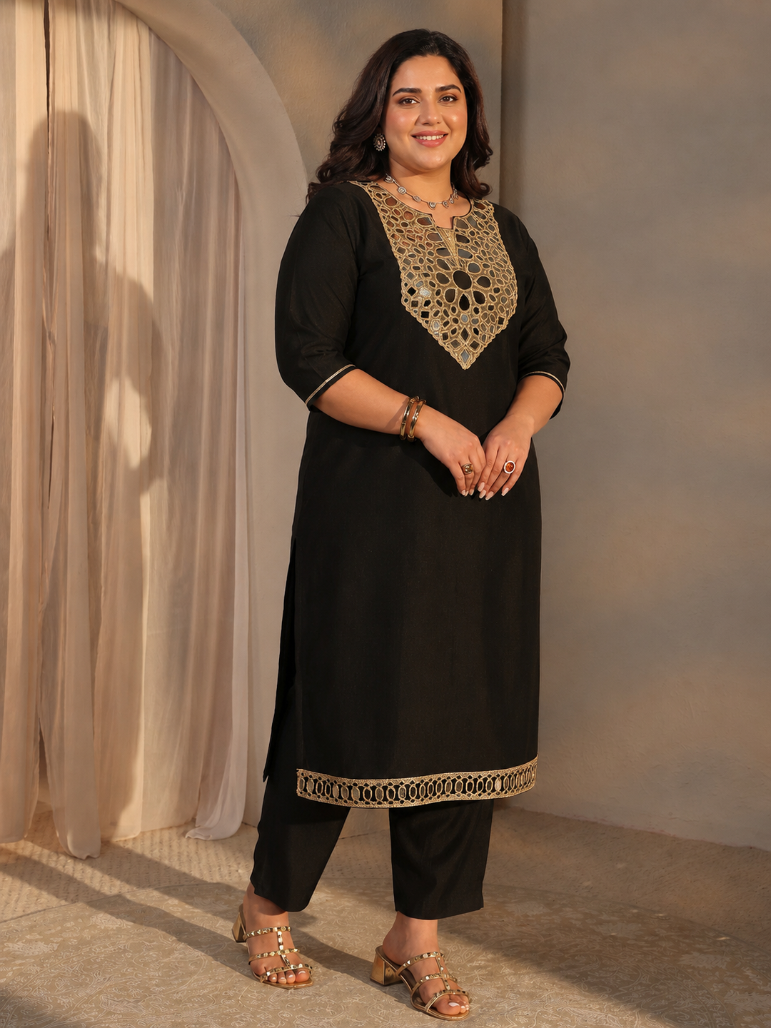 Plus Size Black Embellished Silk Blend Straight Kurta Set