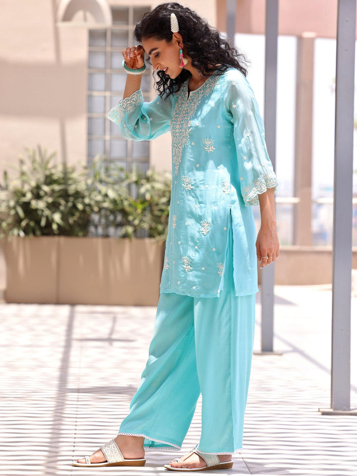 Turquoise Embroidered Silk Blend Co-Ords